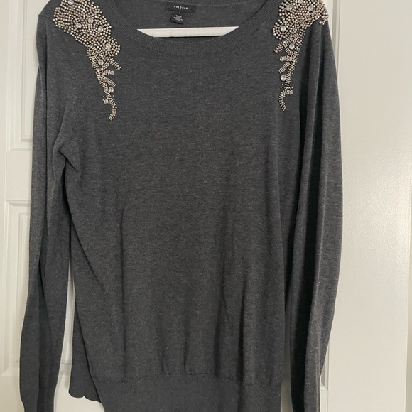 Halogen Large Gray Crew Neck Sweater with Embellished Shoulders - Picture 1 of 7